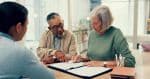 Talking, lawyer or old couple with will, contract or documents for life insurance papers or compliance. Plan, advisor or married elderly clients signing paperwork, legal form or title deed agreement - basics of estate planning concept